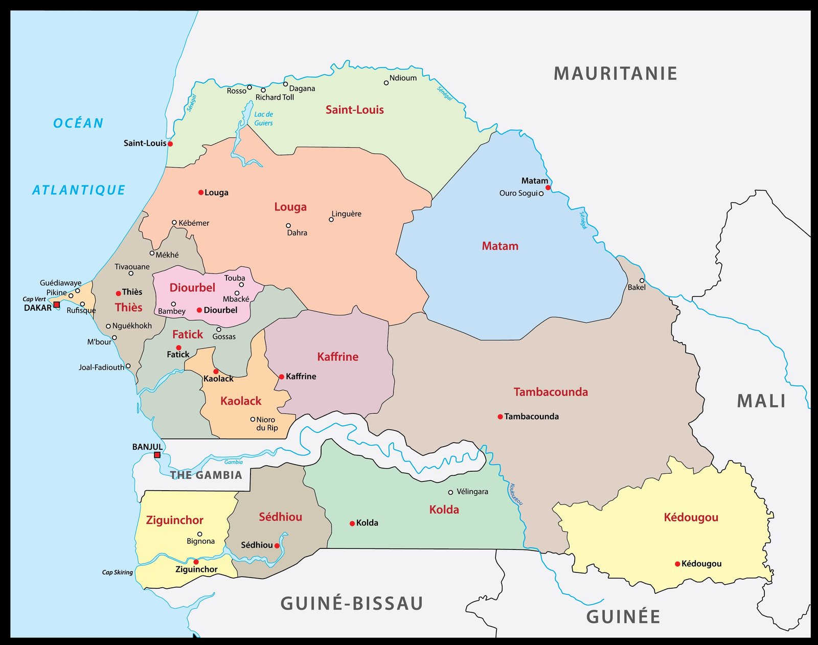 Administrative map of Senegal showing the 14 regions — Dakar, Thiès, Saint-Louis, Louga, Diourbel, Fatick, Kaolack, Kaffrine, Matam, Tambacounda, Kédougou, Kolda, Sédhiou, Ziguinchor — with major cities and bordering countries (Mauritania, Mali, Guinea, Guinea-Bissau).